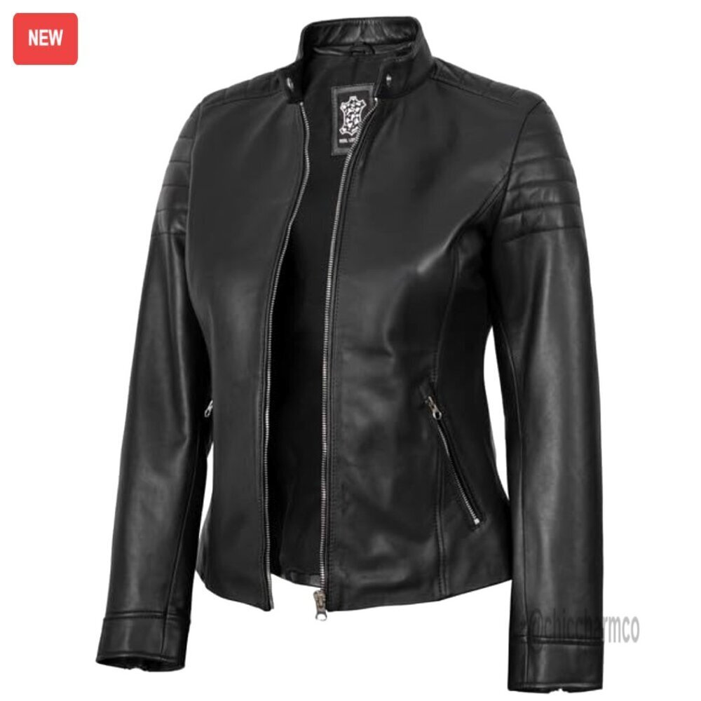 Real Lambskin Leather Jacket Cafe Racer Style Slim Fit Biker Chic